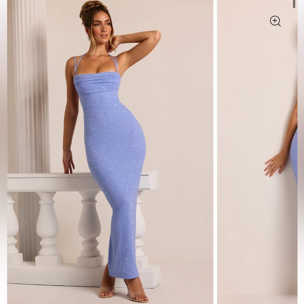 Oh Polly Monte Carlo Embellished Strapless Cowl Neck Maxi Dress Powder Blue Sz 4